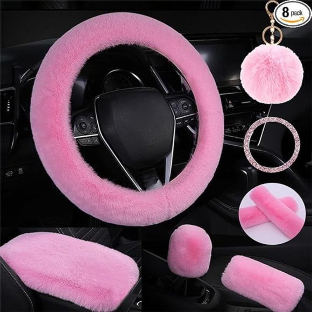 Cute Fluffy Steering Wheel Cover Set, Warm Soft Fur Fuzzy Covers for Women, Pink